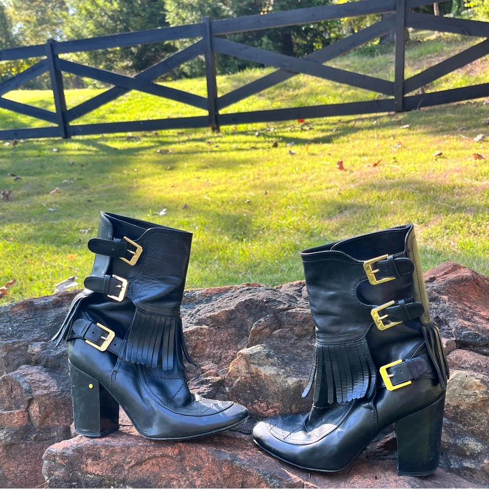 Laurence Dacade Leather Moto Fringe Boots Black Sz 8